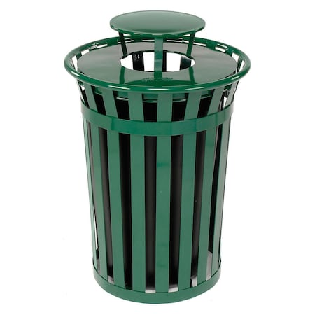 36 Gallon Outdoor Metal Slatted Trash Receptacle With Rain Bonnet Lid, Green